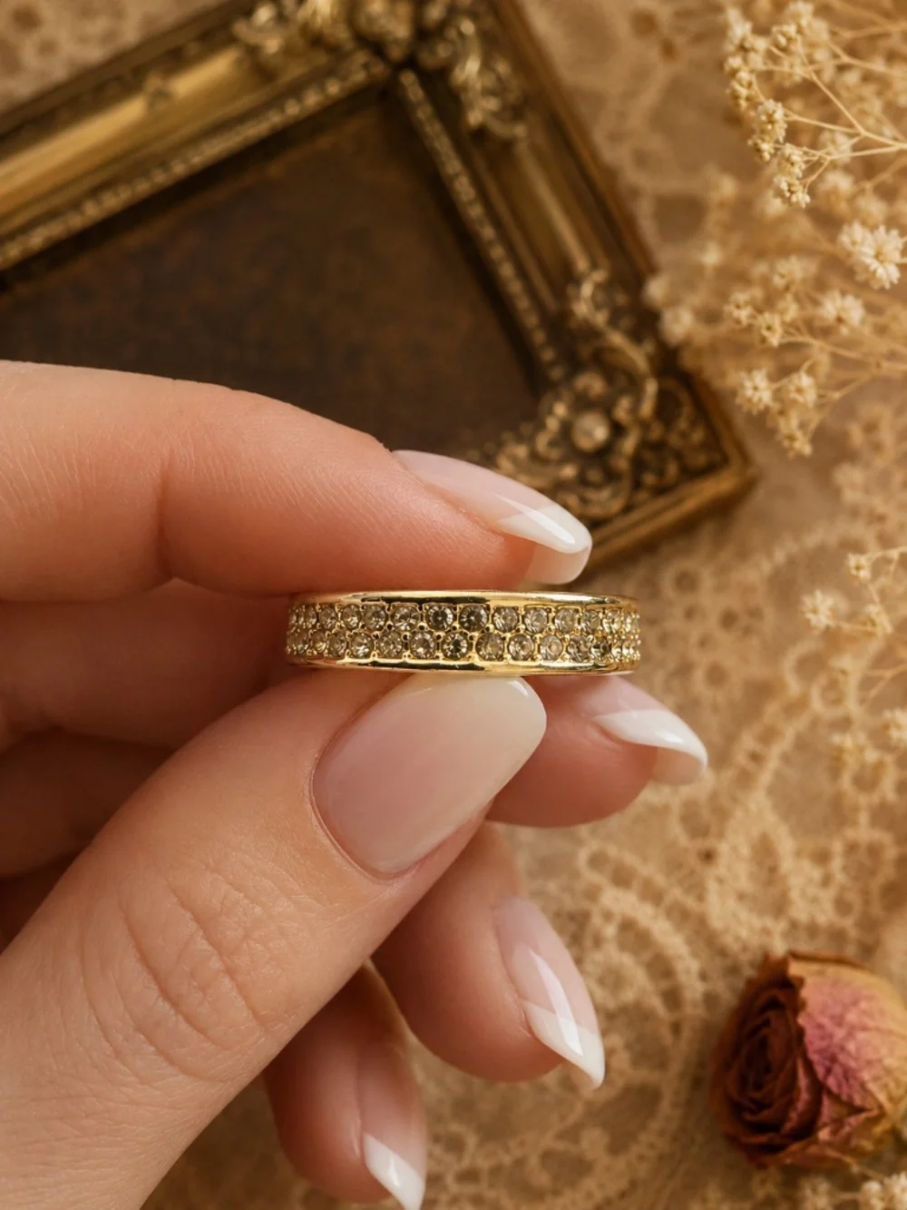 TORY BURCH • Gold Double T Crystal Logo Ring Includes Tory Burch Jewelry Bag